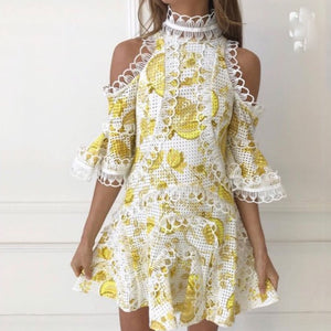 Women's Elegant Hollow-out Lace Design Multi Yellow Flare Bottom Dress - Ailime Designs