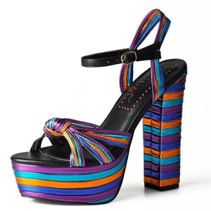 Women's Stylish Rainbow Strap Ankle Design Platform Heels