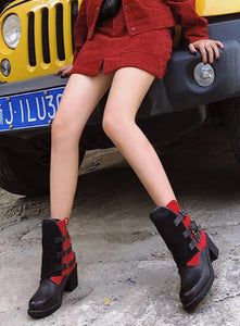 Women's Block Print Design Genuine Leather Ankle Boots