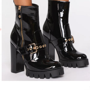 Women's Black Buckle Design Patent Leather Ankle Boots - Ailime Designs